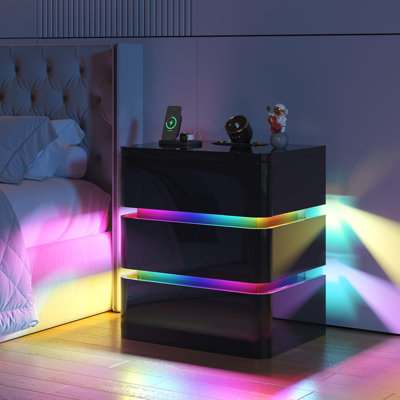 Fully Assembled 3 Drawers Nightstand With Rgb Lights, Starlight Projections, Charging Station And Speaker