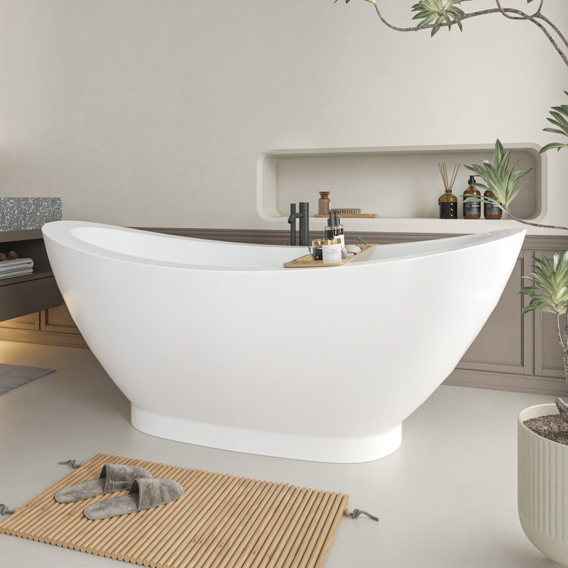 69" x 34" Freestanding Soaking Bathtub, White/Polished Chrome