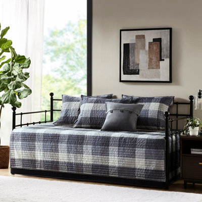 Grey Reversible Plaid Daybed Cover - 6 Pieces Include Cover, , 3 Shams, And 1 Decorative Pillow , Microfiber, Cotton Blend Piece In Twin Size With Herringbone, Filling