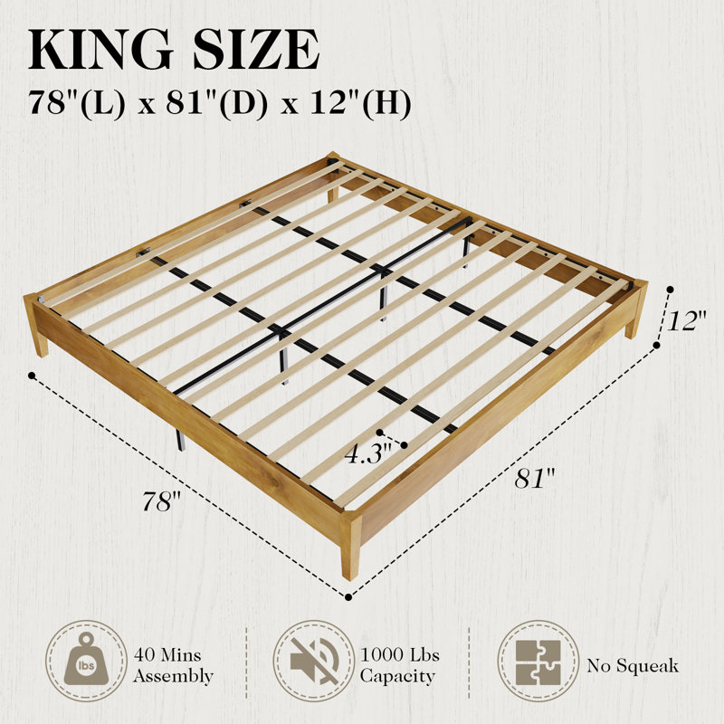 Rael Solid Wood Bed Frame with No Headboard, Natural, King