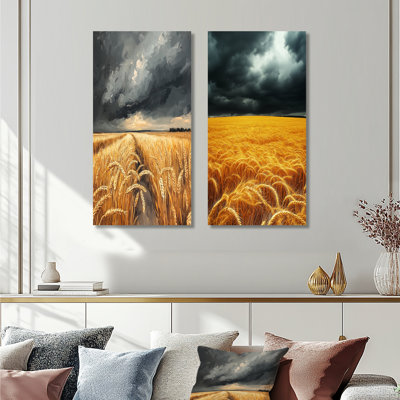 «Countryside Golden Wheat Under Storm Clouds III», art mural 2 panneaux