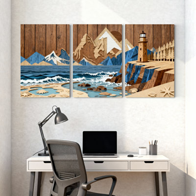 Paysage et nature montagne lac phare plage vagues arbres ciel bois ensemble de 3 impressions sur toile