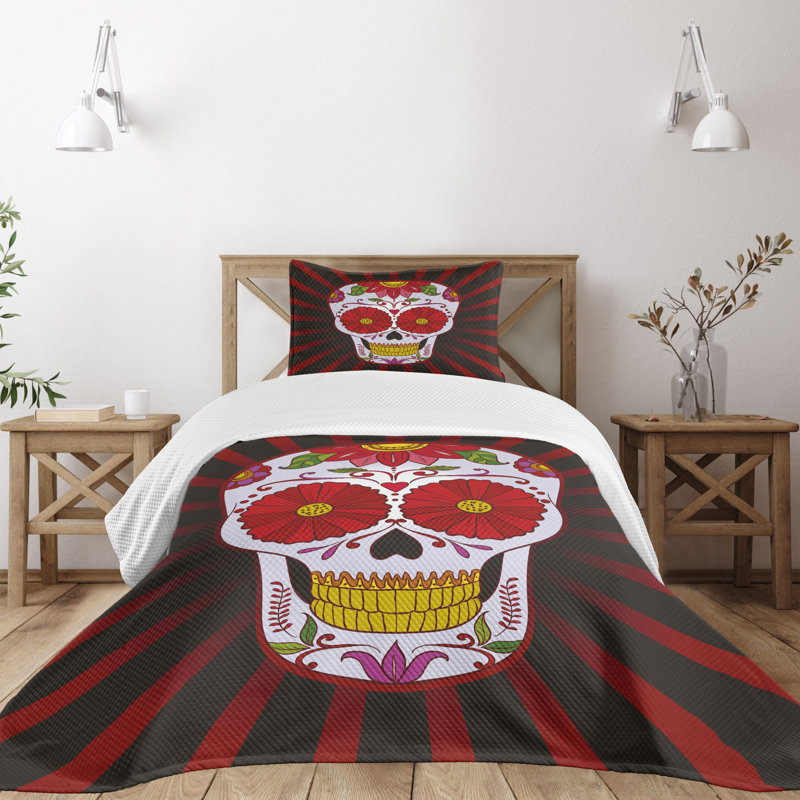 Twin White Quilted Skull Art Bedspread Set