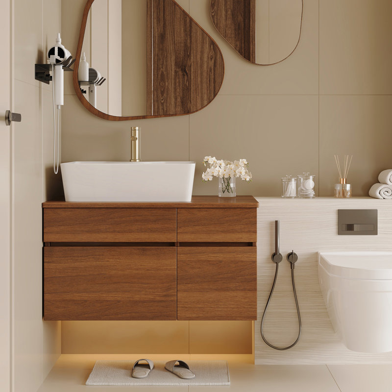 Petit meuble-lavabo flottant simple 31,5 pouces avec vasque en céramique, Noyer