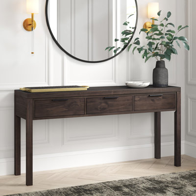Hollander 60"W Solid Wood Wide Contemporary Entryway Console Table in Warm Walnut Brown with 3 Drawers