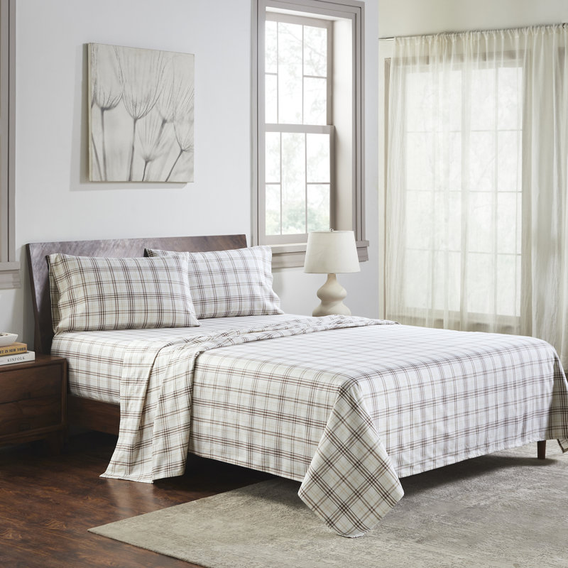 Ensemble de draps 100% flanelle Beldibi, Twin Sheet 3pc Set, Beige Plaid