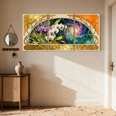 Art Nouveau Floral and Galaxy Set of 3 Canvas Wall Art Prints