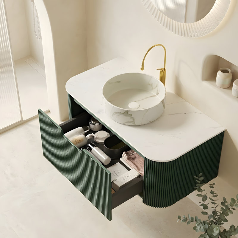 Meuble-lavabo suspendu de 91 cm avec tiroir de rangement et lavabo rond blanc mat, 36, Blanc mat