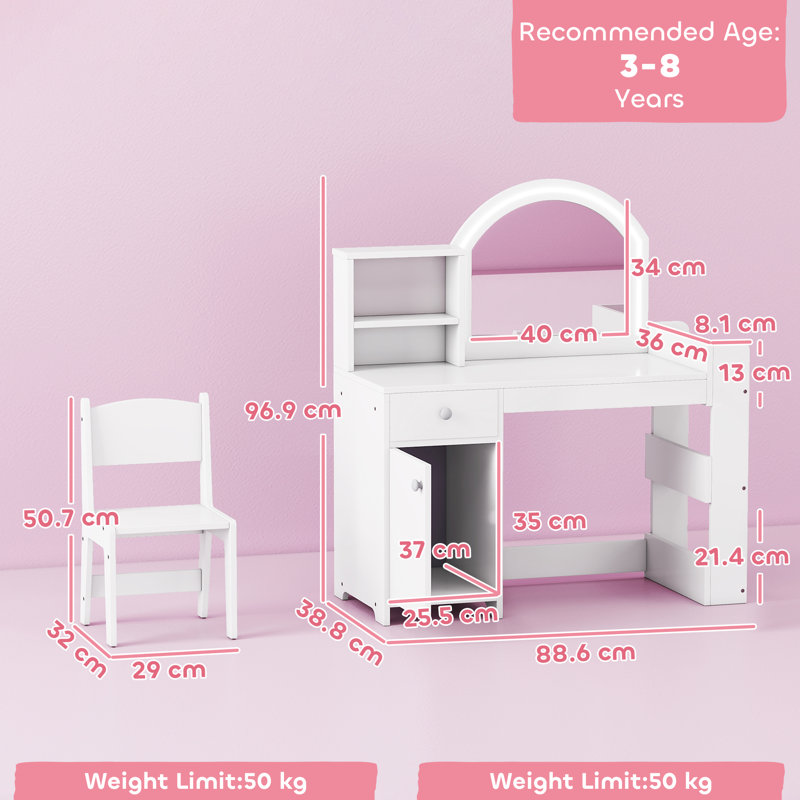 AIYAPLAY Kids Dressing Table with Mirror and Stool Ages 3-8 Years White