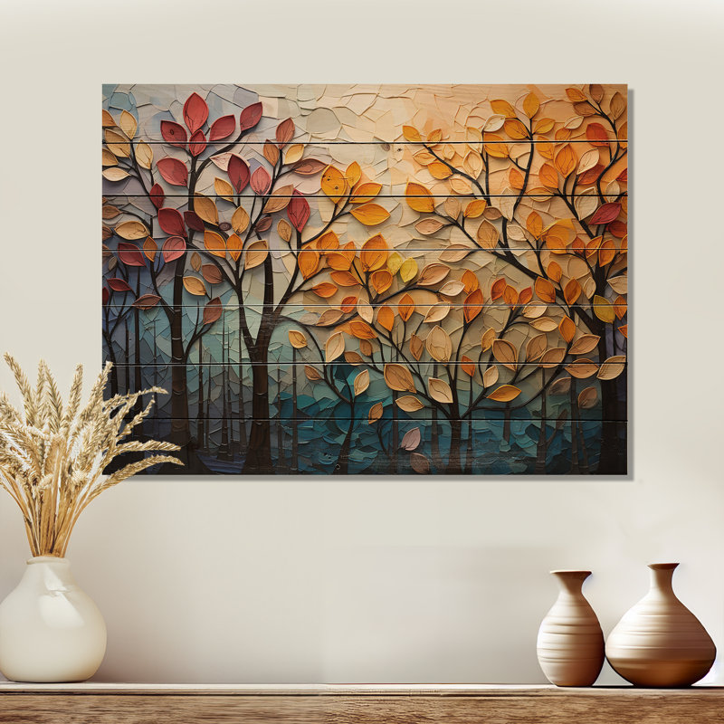 «Leaves Autumnal Symphony Patchwork I Print» sur bois naturel, H 24 po x l 32 po x P 0,78 po