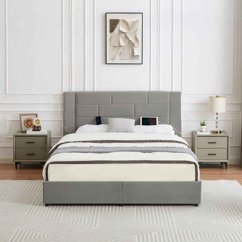 Base de lit double avec 4 tiroirs de rangement et ports USB Denman, Double, Gris clair