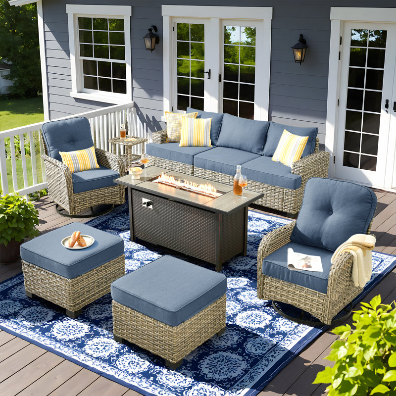 Carolle 9-Piece Outdoor Patio Furniture with fire pit,All-Weather 7-Person Pe Wicker Outdoor Conversation Set, Patio Couch Swivel Rocker Chairs With Solar Powered Coffee Tables For Backyard,Poolside,Deck