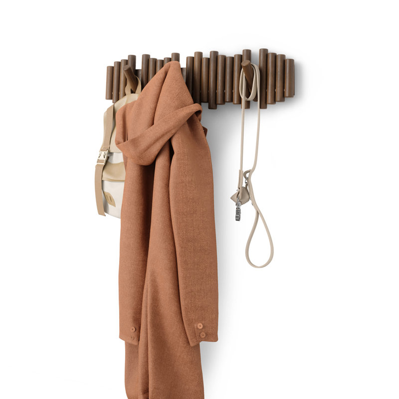 Picket 8-Hook Wall-Mounted Wooden Coat Rack with Adjustable Flip-Down Hooks, Aged Walnut