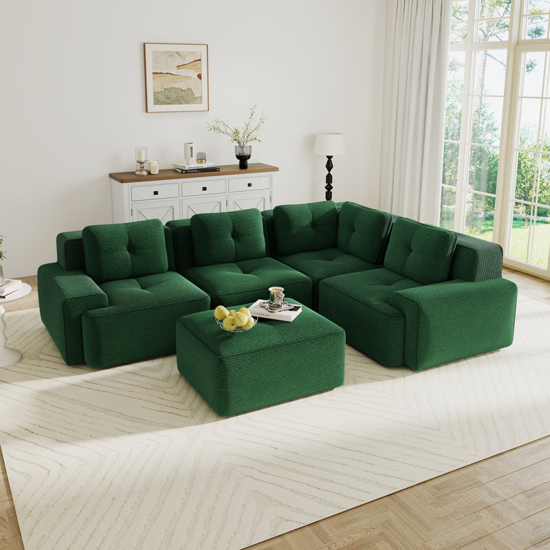 Canapé modulaire de salon avec canapé à 4 places en V, tissu velours côtelé, sans assemblage, Velours côtelé vert