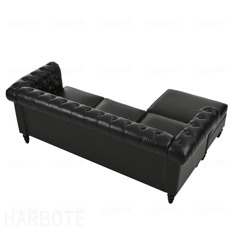 Canapé modulaire moderne en L à 4 places avec repose-pieds avec rangement, canapé modulaire en cuir de polyuréthane avec dossier capitonné, accoudoirs courbés décorés de rivets et pieds en bois de bouleau massif