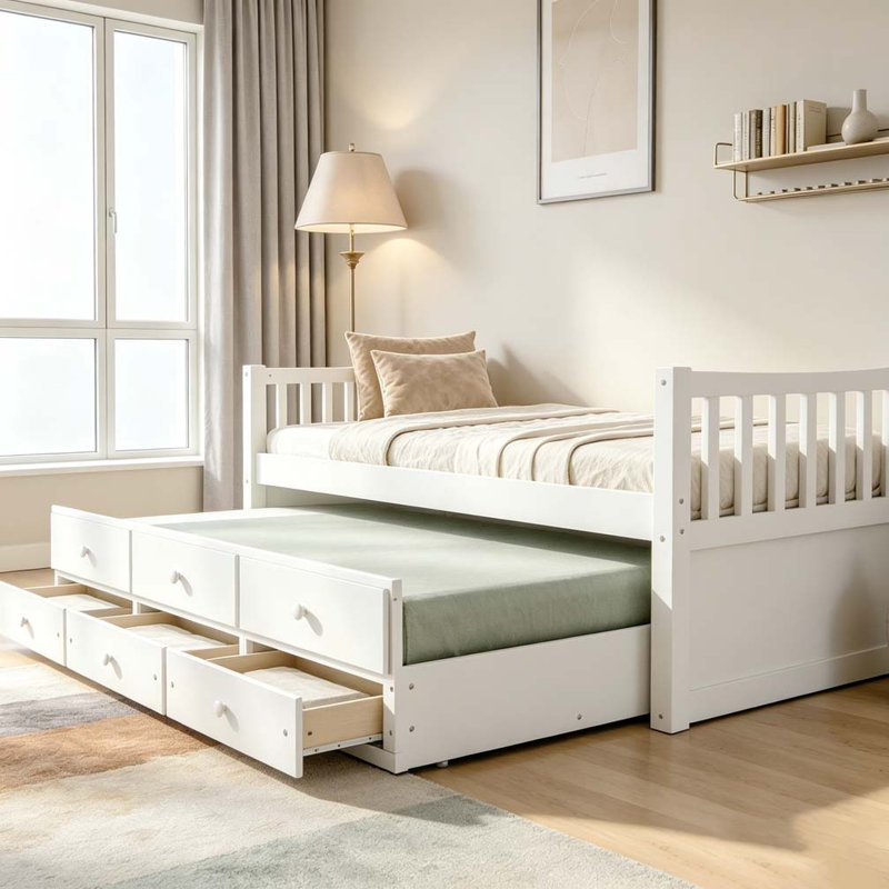 Lit de jour avec couchette et tiroirs, Lit simple, Blanc