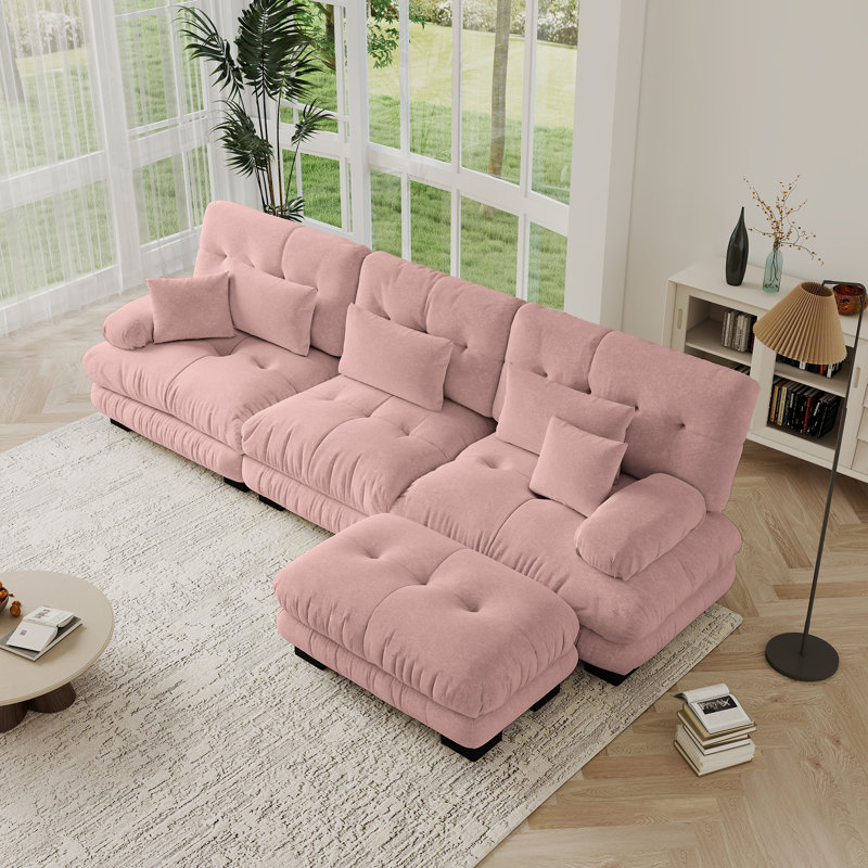 Cloud Couch L Shape Sofa For Living Room Set, Chenille Fabric, Pink Chenille