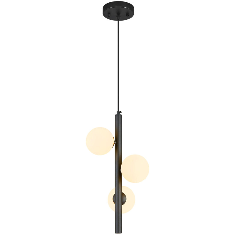 3-Light Mid Century Milk Glass Globe Pendant, Matte Black