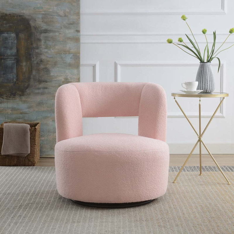 Fauteuil demi-tonneau pivotant en tissu Teddy, Peluche rose clair