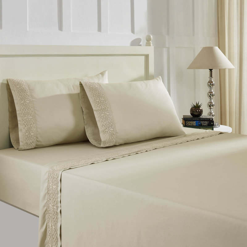  Ensemble de draps en mélange de coton Rich Lace Hem, Ensemble de draps pour grand lit + un drap-housse , Amande