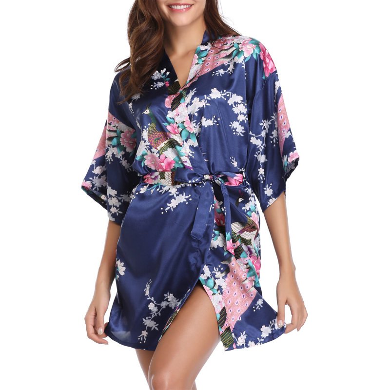 Ceres Satin Above Knee Bathrobe, XL, Blue