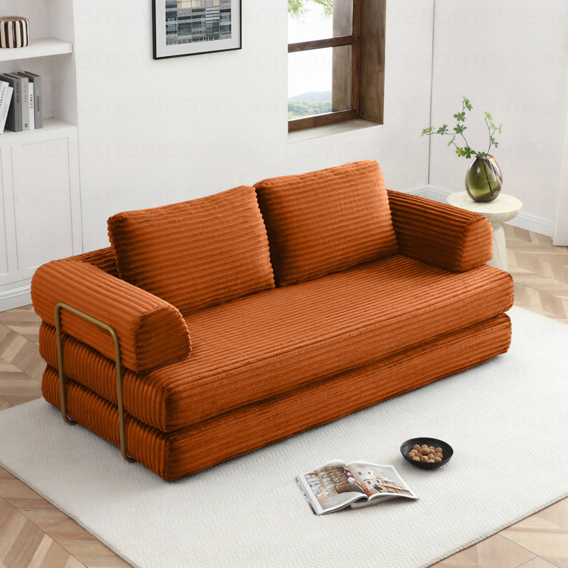 Canapé-lit convertible, canapé-lit pliant en velours côtelé, matelas de canapé-lit pliable avec oreillers, canapé désossé pour le salon, orange