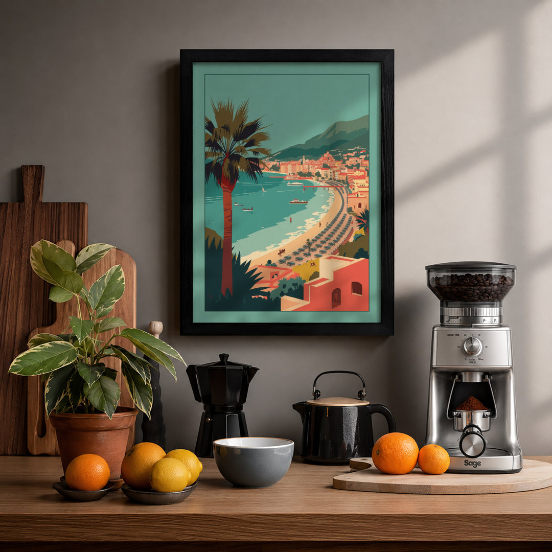 Mediterranean Beach Town Coastal - Framed Print