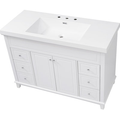 Meuble-lavabo 48 po avec lavabo en résine, 6 tiroirs à fermeture en douceur et portes doubles avec tablettes à 2 niveaux, pieds en pin massif