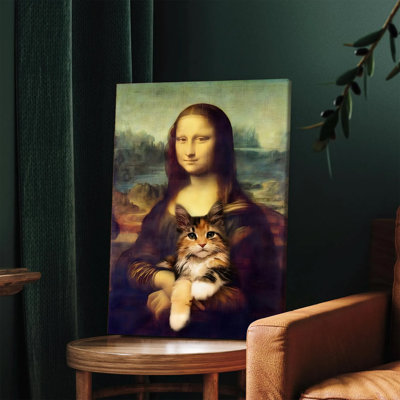 1PC Wall Arts Posters Framed, Mona Lisa with Cat Canvas Wall Art, Vintage Renaissance Style Painting, Unique Home Decor for Living Room Bedroom Offic