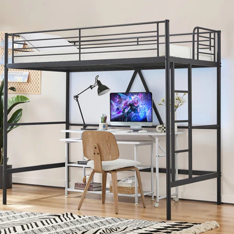 Metal Loft Bed Twin Size With Stairs Loft Bed Frame Safety Guard Rail Space-Saving, Black