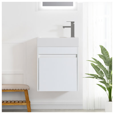 Meuble-lavabo flottant de 18 po, meuble-lavabo mural moderne avec lavabo en résine blanche et porte d'armoire à fermeture en douceur - petit rangement de salle de bain écologique en contreplaqué de grain droit blanc