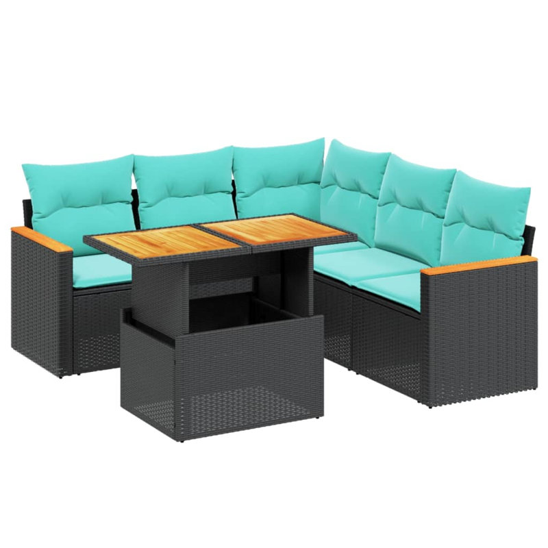  Ensemble de canapé de patio 6 pièces avec coussins en rotin de polyester, Noir, Vert