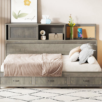 Lit de jour pleine grandeur en bois de couleur grise, livré avec 3 tiroirs de rangement, tête de lit souple et dispositif de chargement pour gadgets mobiles, tablette, douilles Tech