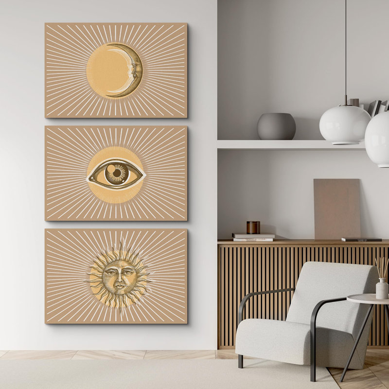 "Soleil, lune et œil avec lignes lumineuses" 3 pièces, Toile tendue, H 24 po x l 36 po