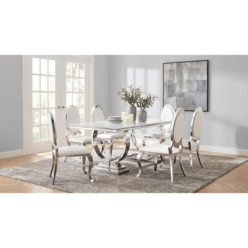 Antoine 7-piece White Tempered Glass Dining Set Cream White Chairs