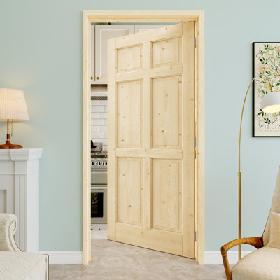 Porte pré-suspendue à 6 panneaux en bois de pin de 36 po x 80 po avec charnières argentées, bois de pin naturel, pouvant être peint et imperméable, combinaison pour la lessive, portes de placard, portes de pièce, droite