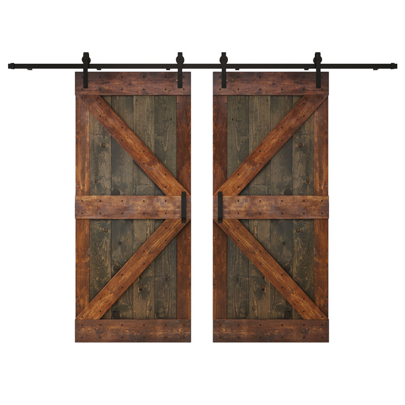Porte de grange double à panneaux K Series avec quincaillerie d'installation, 72 po x 84 po, Tonneau vieilli / noyer foncé