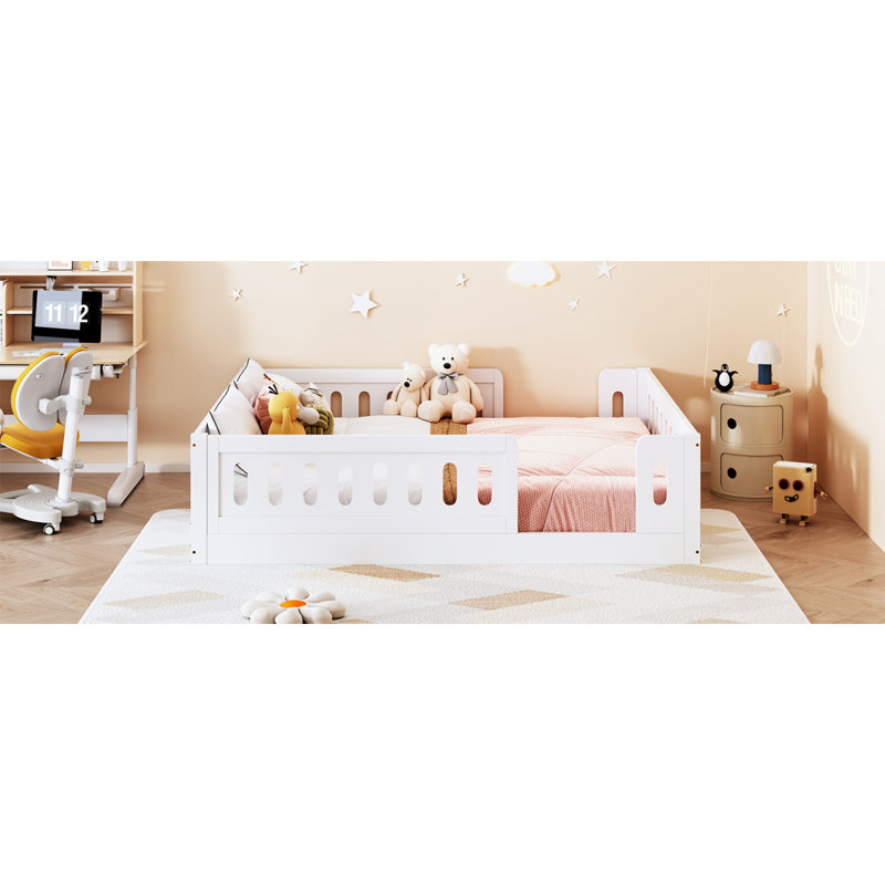 Lit plateforme en bois pleine grandeur avec garde-corps, blanc, White