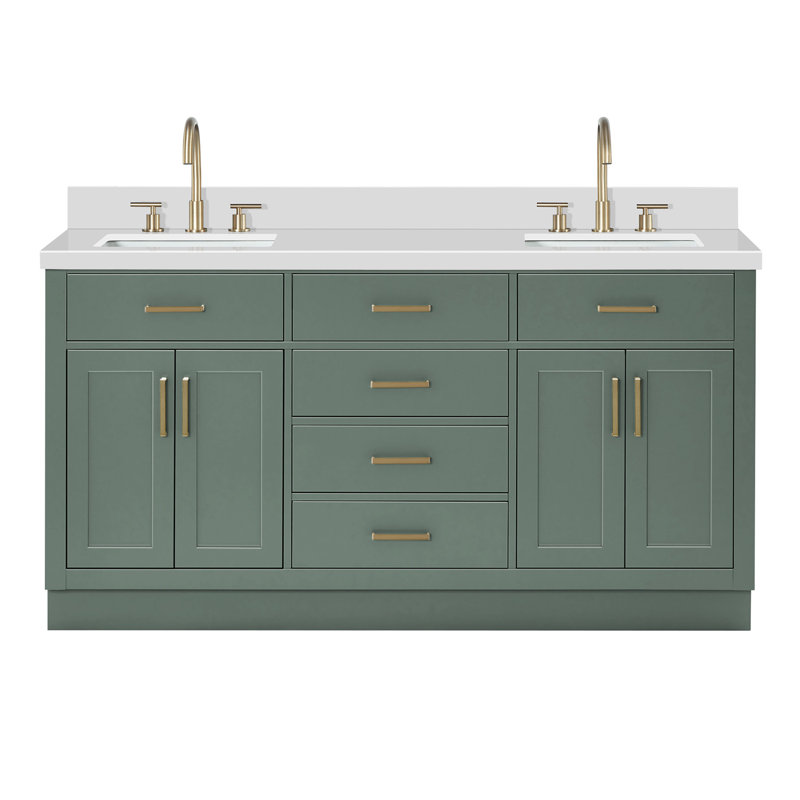 Ohlson 66'' Solid Wood Double Bathroom Vanity with 1.5'' White Quartz Top, Oval Sinks, Rectangular