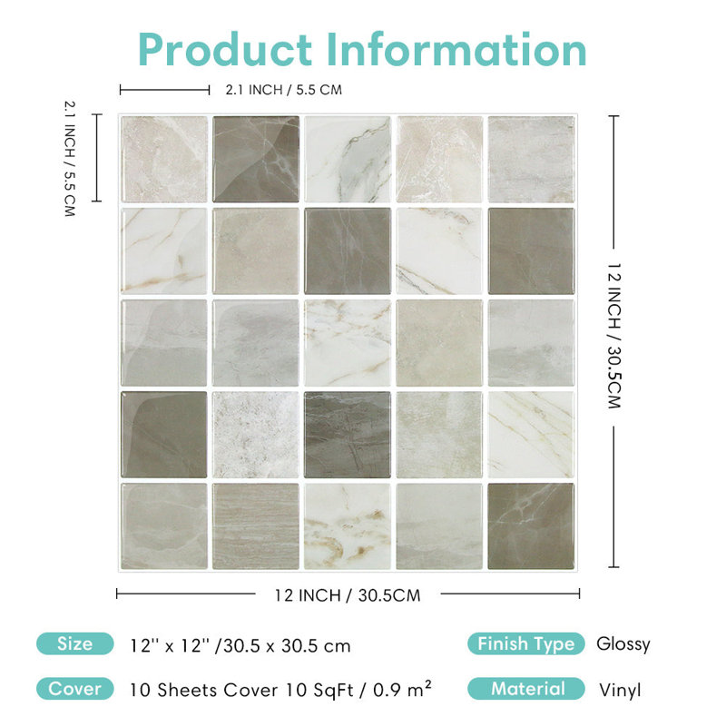 Carreaux autocollants plus épais Commoma - 10 pièces 12 "x 12" dosseret carré adhésif auto-adhésif, carrelage mural en vinyle imperméable et amovible pour la cuisine et la salle de bain - marbre naturel