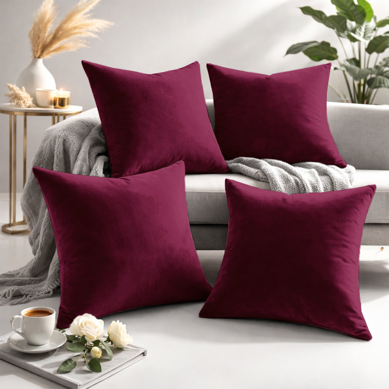 Square Scatter Velvet Cushion Cover ( Set of 4 ), Burgundy
