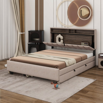 Lit plateforme tapissier avec tête de lit, gigogne et 2 tiroirs Kaosayn, ports USB