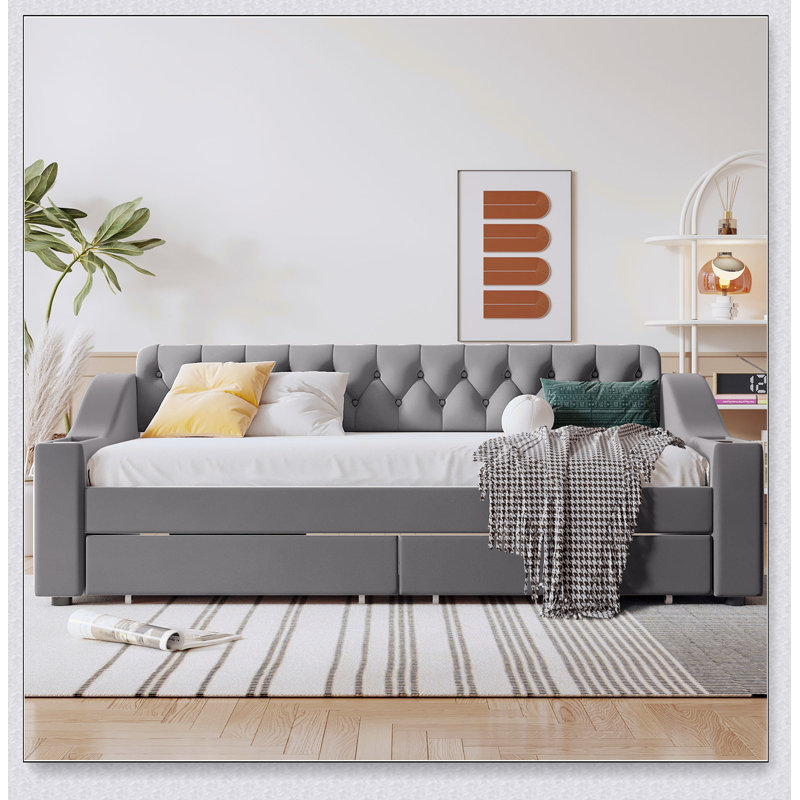 Lit de jour rembourré avec accoudoirs de rangement et port USB, Gris