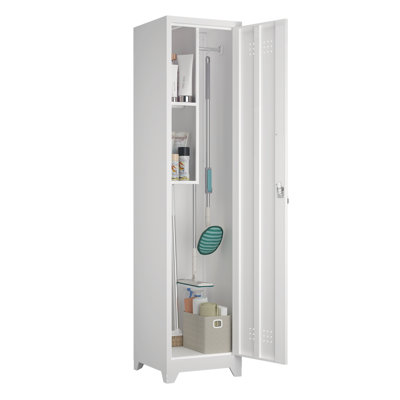 White Metal Broom Storage Cabinet, 65" Tall Narrow Utility Closet with Lockable Doors and Adjustable Shelves for Garage, Office, or Laundry Room