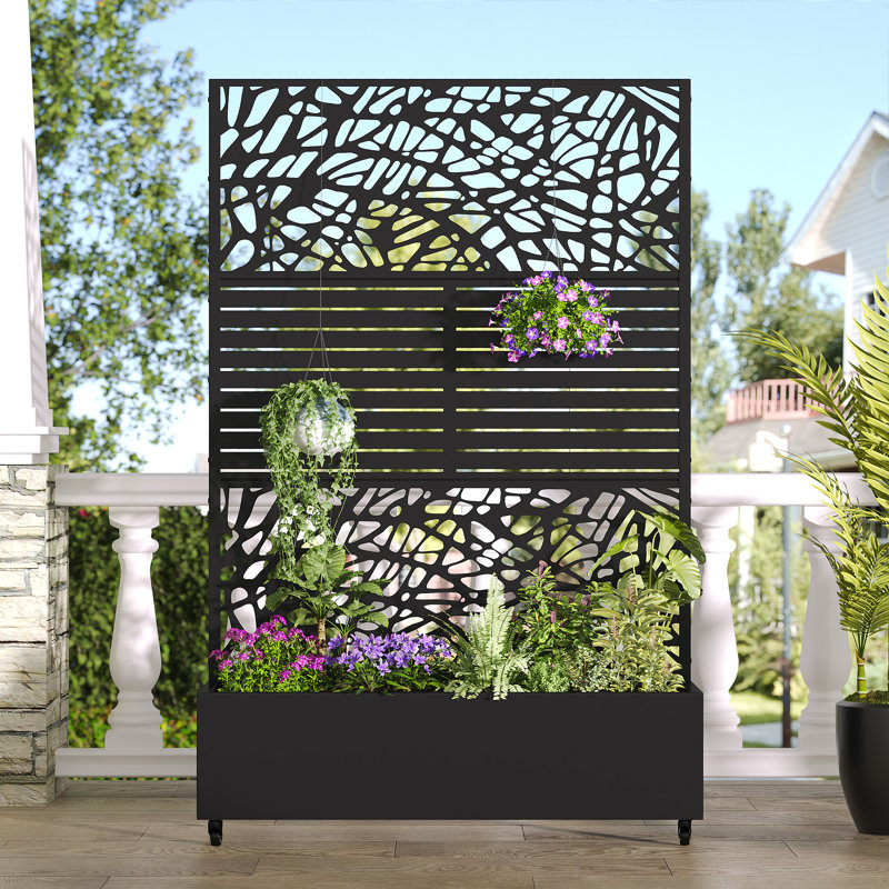 72"H Two-tone Patio Planter Box with Trellis Metal Raised Garden Bed with Wheels Decorative Privacy Screen , 1