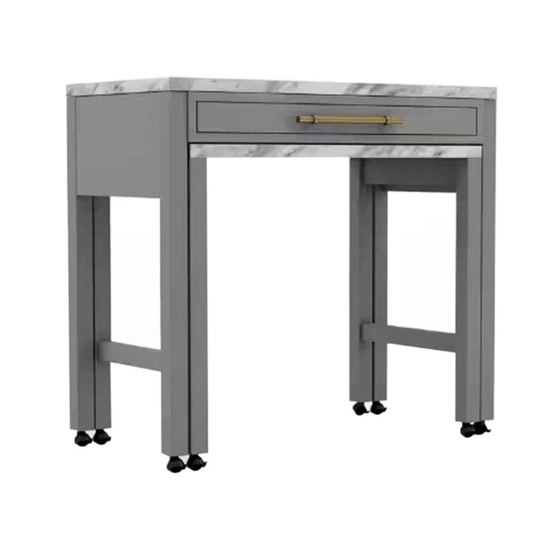 Table transitionnelle à hauteur de comptoir en gris, plateau en faux marbre, bois massif, tiroir en feutre, rustique, siège pour 4 personnes gris avec surface et pieds en bois