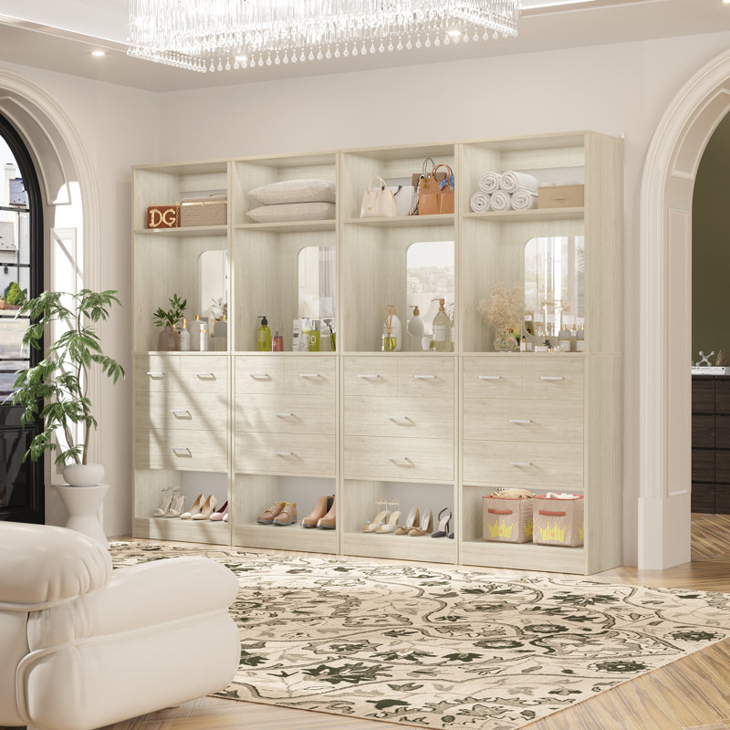 Système d'organisation en bois avec miroirs, Chêne blanchi