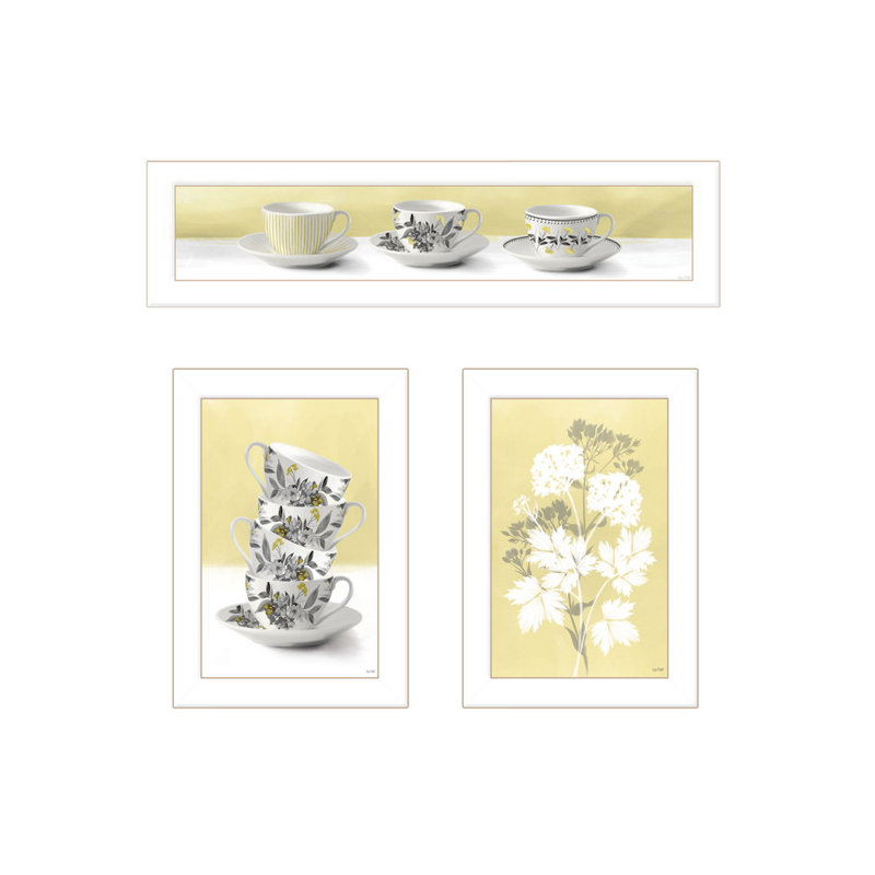 Tasse à thé et fleurs jaunes, ensemble de 3 vignettes encadrées pour décor de salon par House Fenway