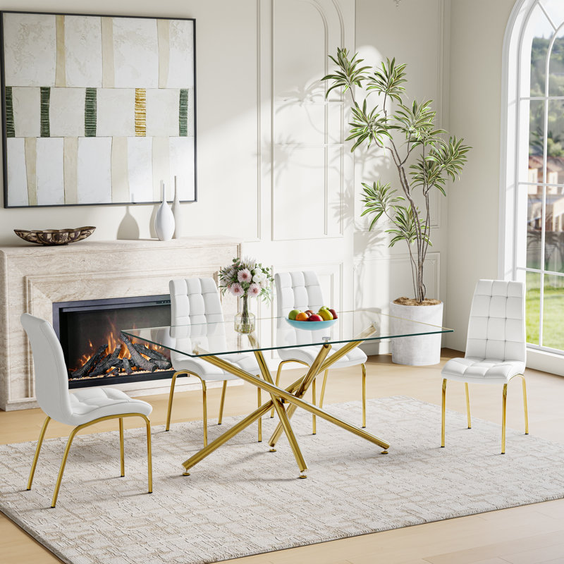 5-Piece Modern Dining Set – Rectangular Glass Table With Metal Base & 4 Faux Leather High-Back Chairs, Gold/White, Gold