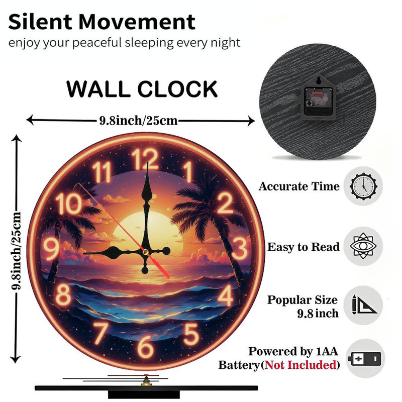 Horloge avec coucher de soleil palmiers océan
